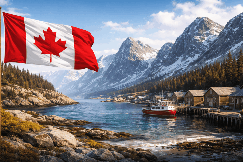 Imagem gerada or I.A (Imagem criada:
Amanhecer na vila pesqueira de Newfoundland)